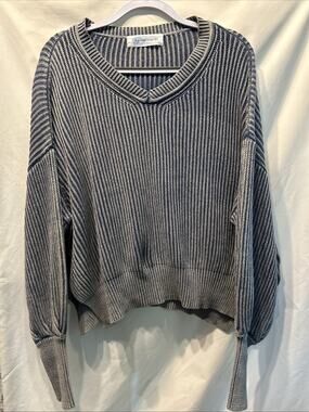Big Water Blue Sky Sweater Sz Large Blue Acid Wash Ribbed Cotton Balloon Sleeve